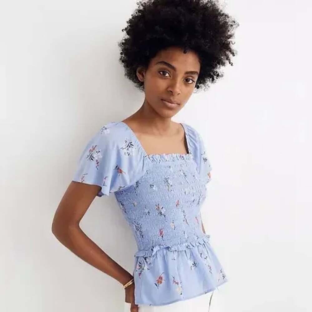 Madewell Smocked Flutter Sleeve Top Size S Blue Floral